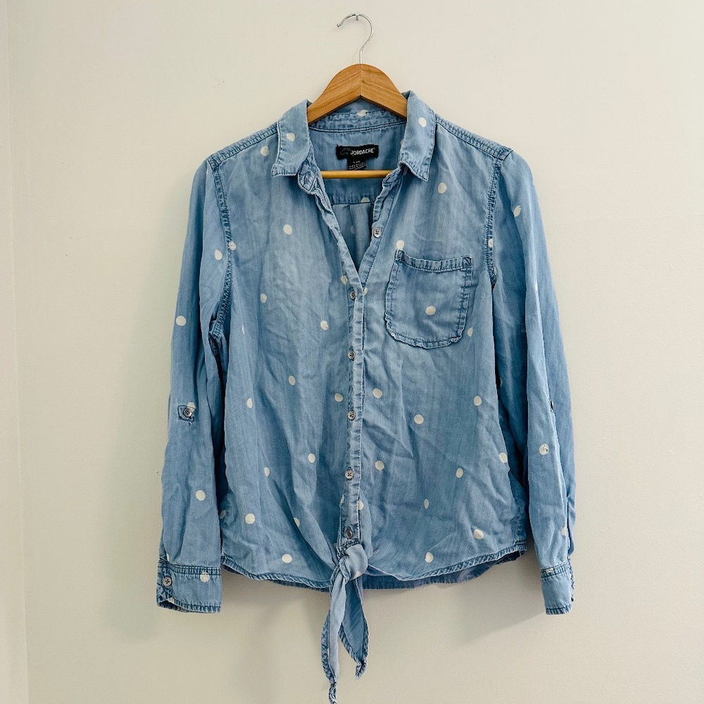 Jordache Women’s Long Sleeve Button Up Blouse Lyocell Light Blue White